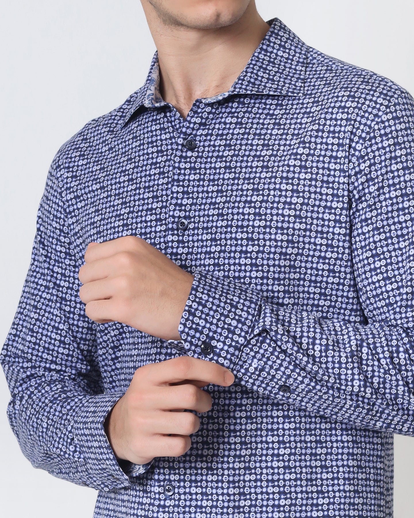 Quieti Modern Fit, Navy Geo Digital Print, Long Sleeve Knit Shirt in Woven style